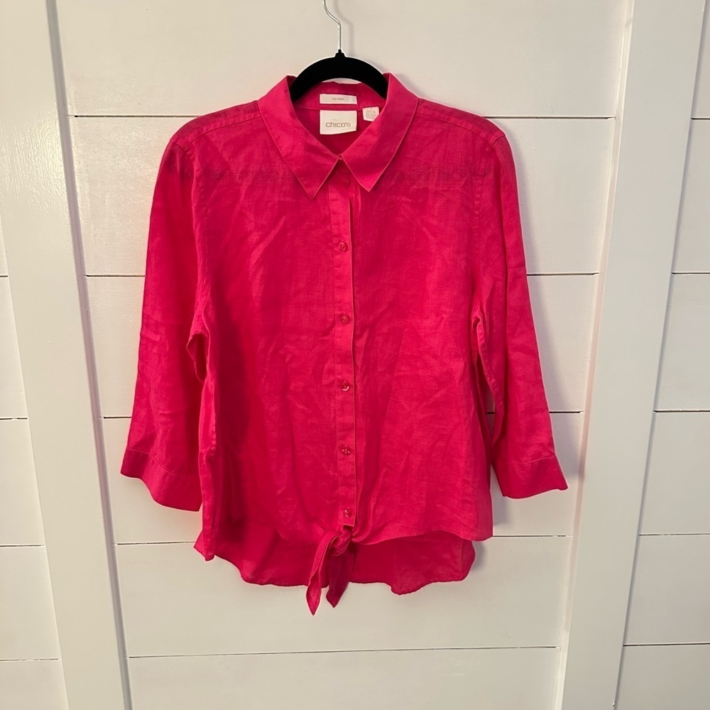CHICOS 8 Non-Iron 100% linen pink button-down woman coastal career boho blouse